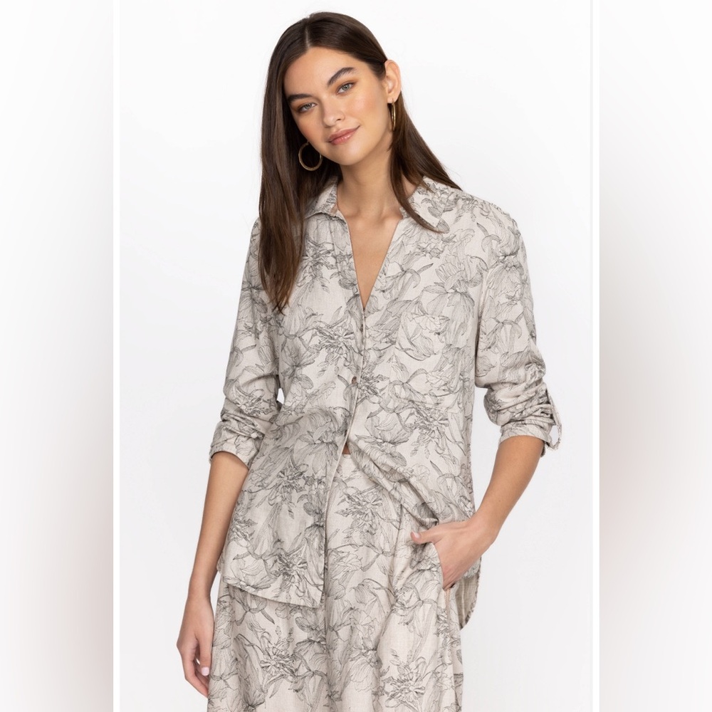 NEW Johnny Was Etched Floral Relaxed Linen Shirt Medium